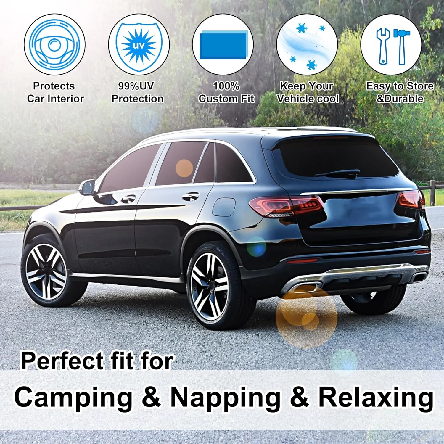 10PCS Windshield Sun Shade Custom Fit for 2016-2022 Mercedes-Benz GLC Accessories Foldable Sunshade Side Rear Window Shade Cover Full Set Privacy Protection Keeps Car Cool