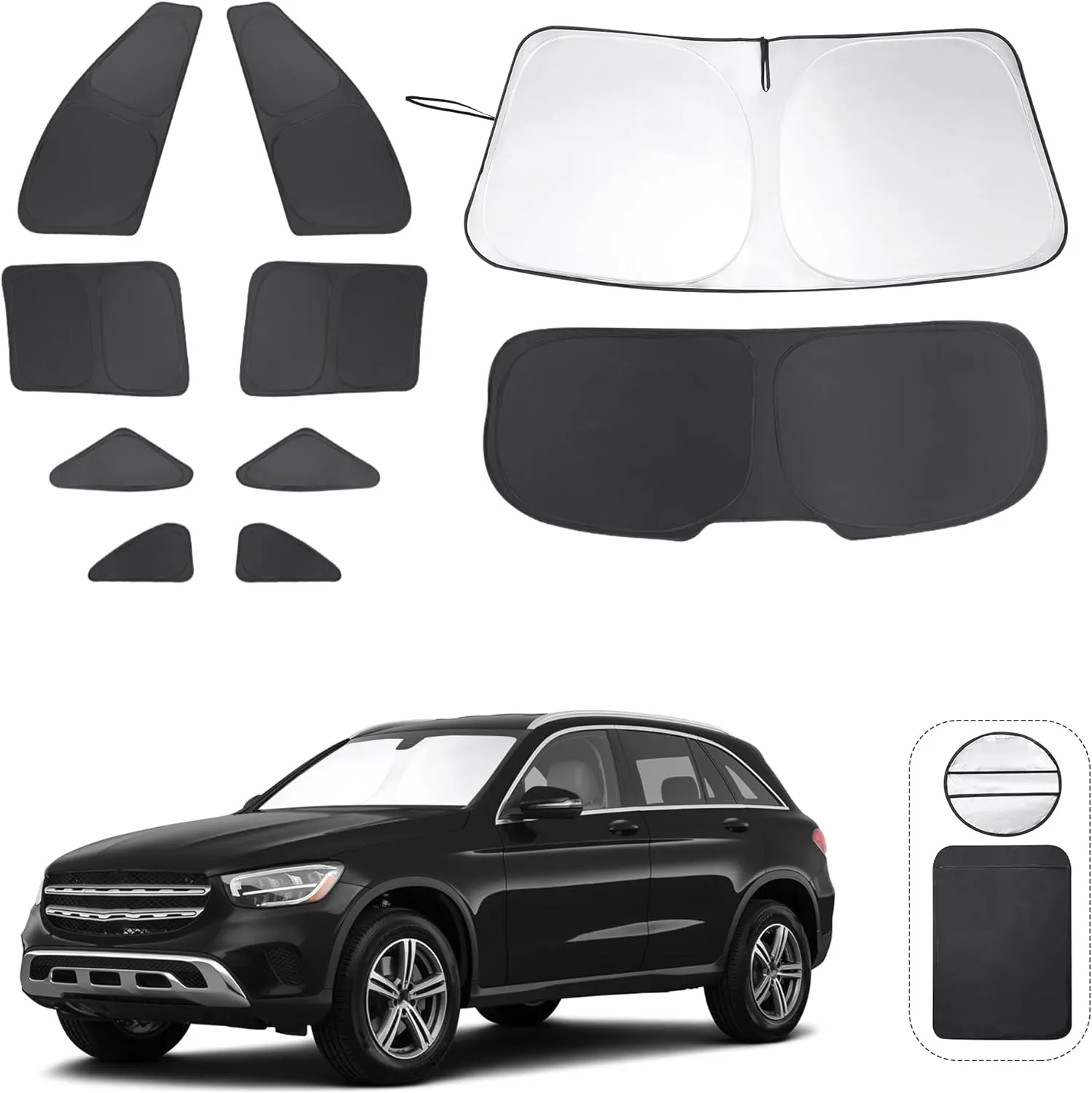 10PCS Windshield Sun Shade Custom Fit for 2016-2022 Mercedes-Benz GLC Accessories Foldable Sunshade Side Rear Window Shade Cover Full Set Privacy Protection Keeps Car Cool