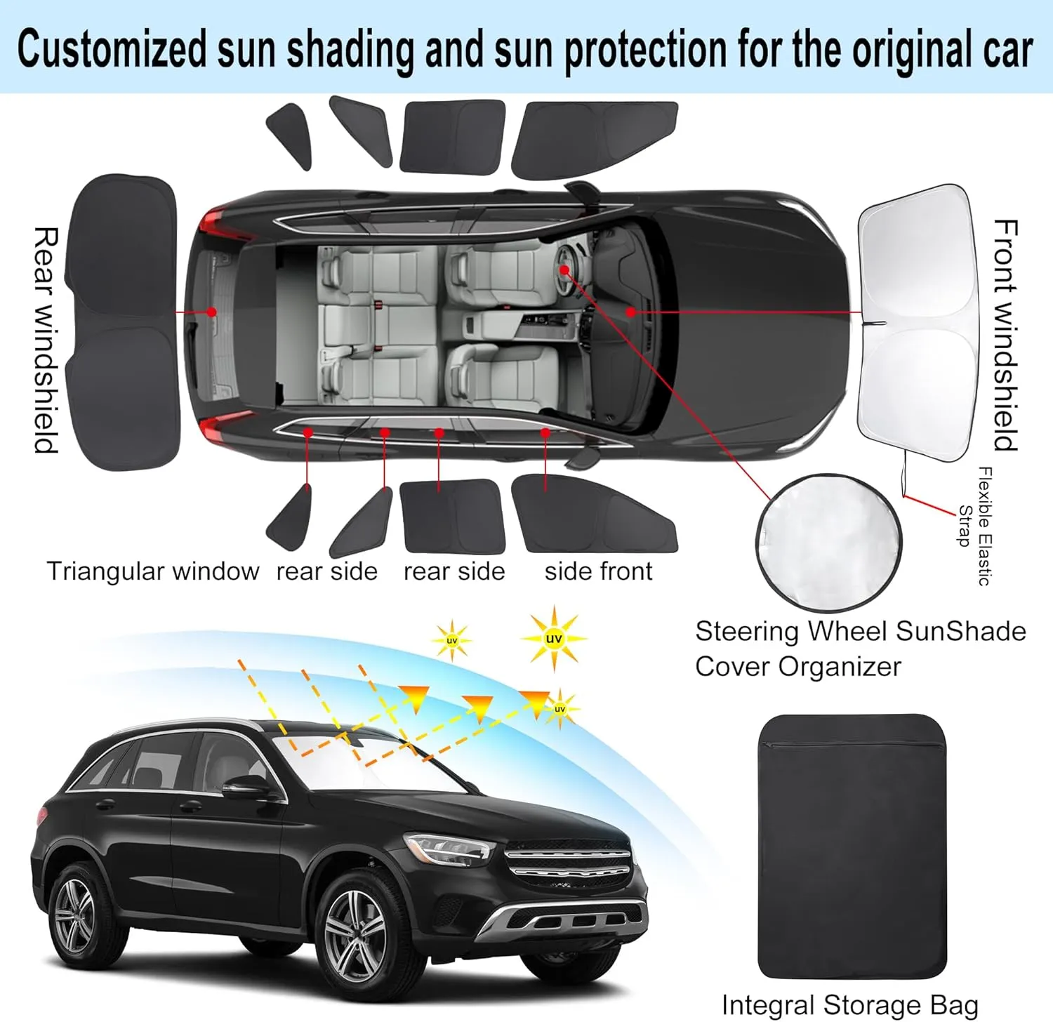 10PCS Windshield Sun Shade Custom Fit for 2016-2022 Mercedes-Benz GLC Accessories Foldable Sunshade Side Rear Window Shade Cover Full Set Privacy Protection Keeps Car Cool