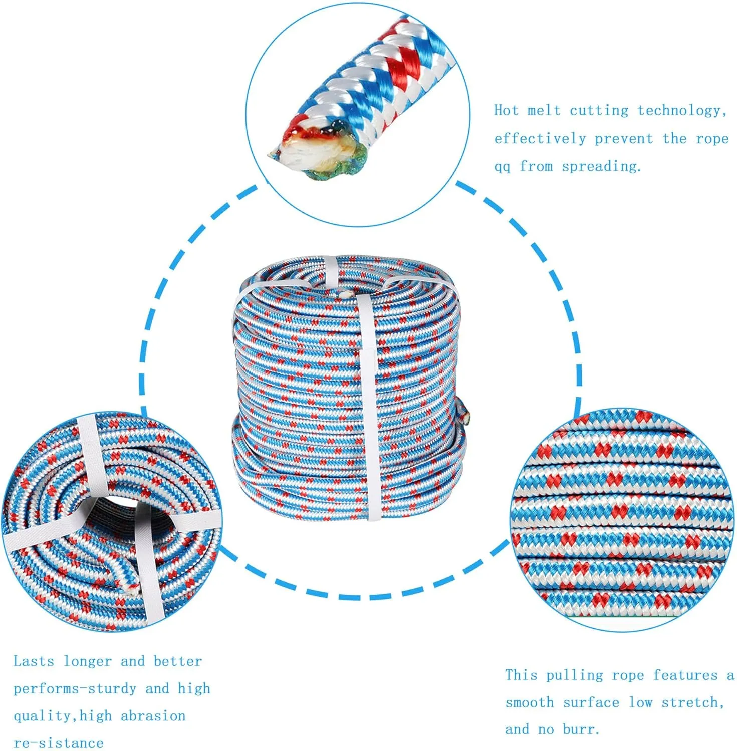 1/2 in 150 Ft Double Braided Polyester Rope, 16-Strand Polyester Arborist Bull Rope High Strength Rigging Rope for Hiking, Camping, Lanyard Etc Red/White/Blue