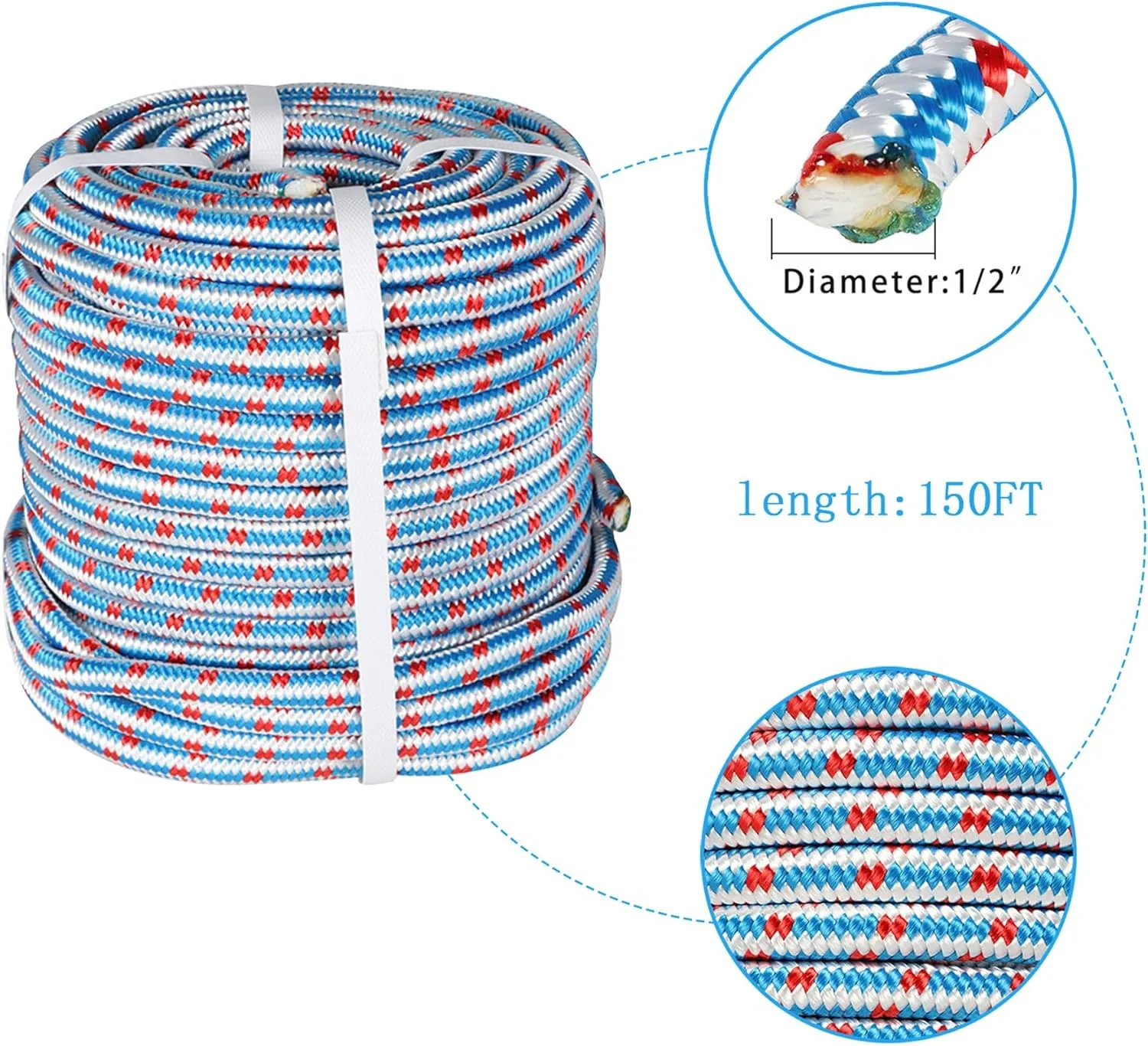 1/2 in 150 Ft Double Braided Polyester Rope, 16-Strand Polyester Arborist Bull Rope High Strength Rigging Rope for Hiking, Camping, Lanyard Etc Red/White/Blue