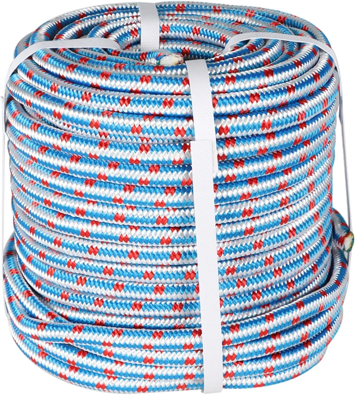 1/2 in 150 Ft Double Braided Polyester Rope, 16-Strand Polyester Arborist Bull Rope High Strength Rigging Rope for Hiking, Camping, Lanyard Etc Red/White/Blue