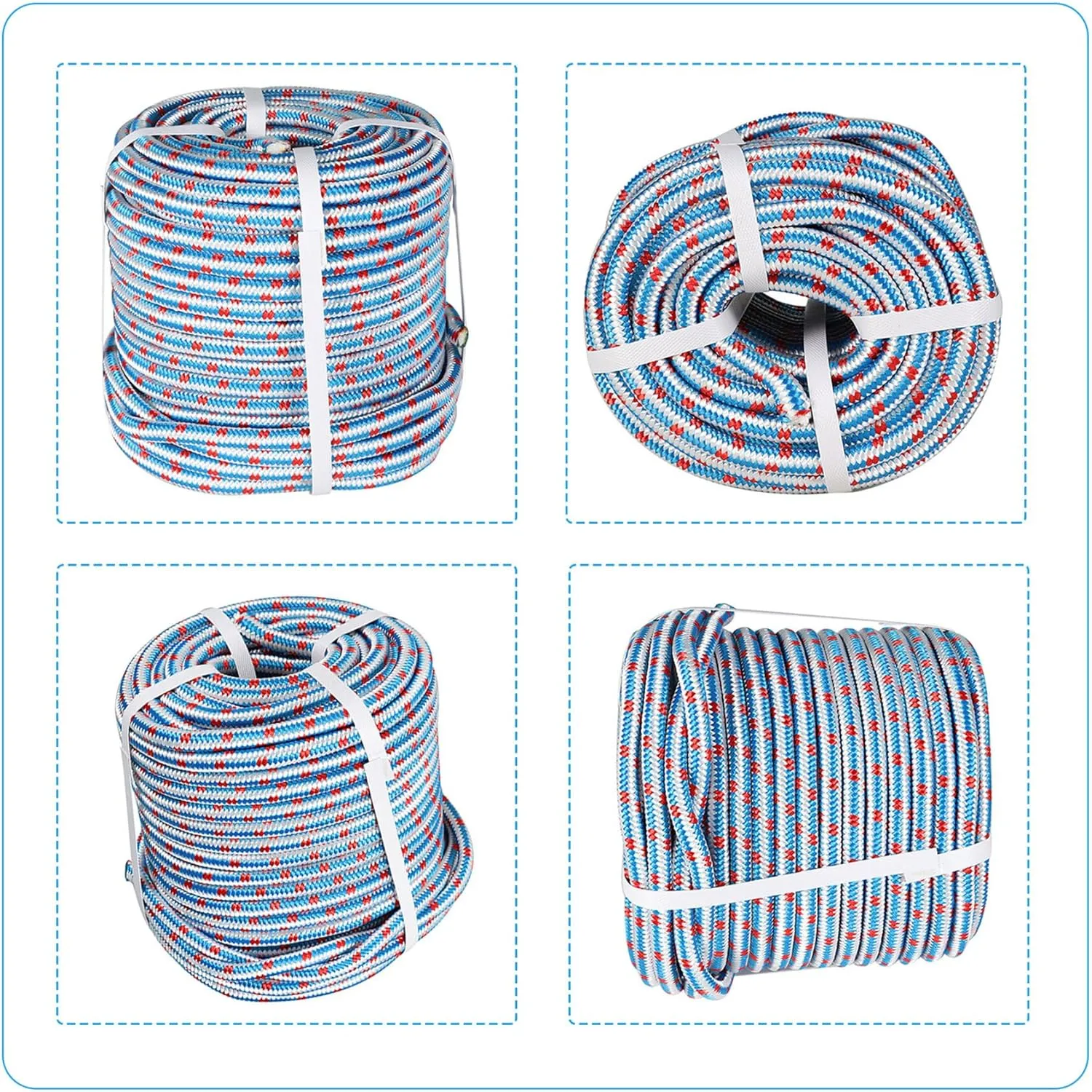 1/2 in 150 Ft Double Braided Polyester Rope, 16-Strand Polyester Arborist Bull Rope High Strength Rigging Rope for Hiking, Camping, Lanyard Etc Red/White/Blue