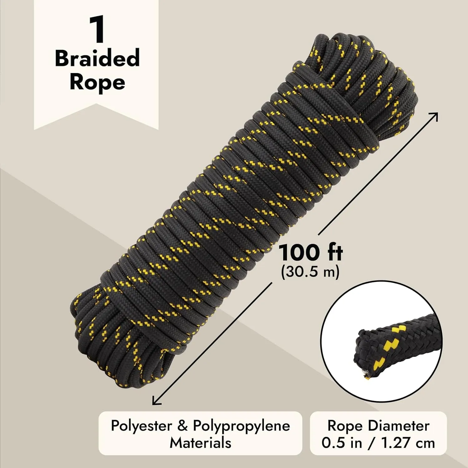 1/2 Inch x 100 Ft Diamond Braided Rope for Knot Tying Practice, Camping, Boats, Trailer Tie Down (Polyester)