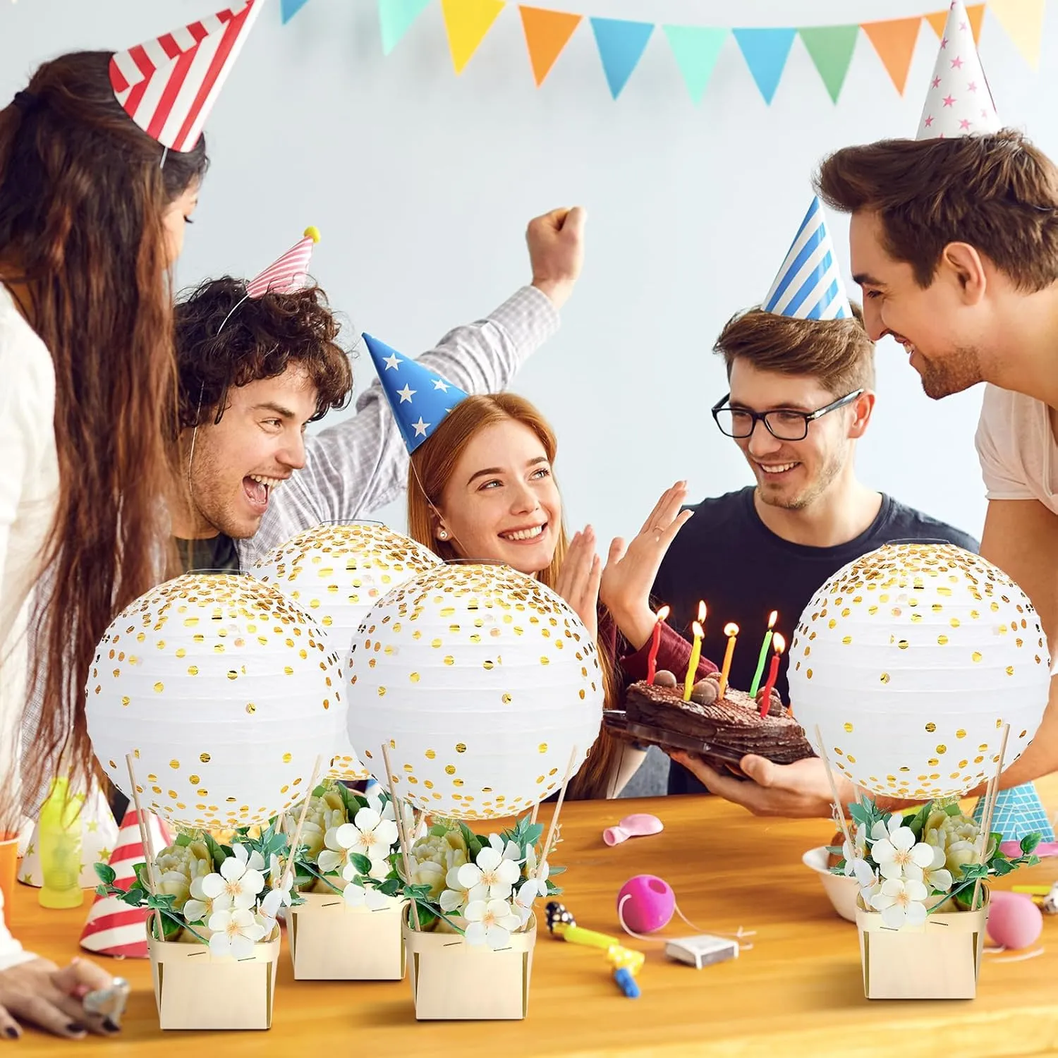 12 Sets Baby Shower Hot Air Balloon Table Centerpieces DIY Paper Lanterns Gold Polka Dot Paper Lantern for Wedding Bridal Shower Birthday Baby Shower Gender Reveal Graduation Party
