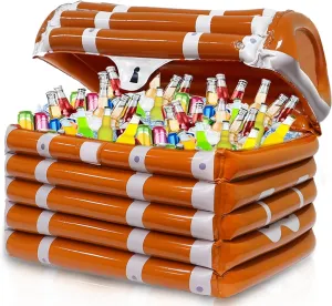 120  Cans Super Large Capacity Giant Inflatable Pirate Treasure Chest Ice Cooler, Inflatable Serving Bar Food Drink Container Indoor Outdoor BBQ Picnic Pirate Party Decor Supplies
