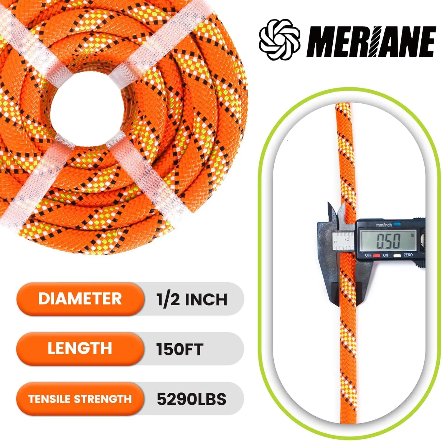 1/2inch 150ft Double Braid Polyester Rope, 48 Strands, 5290lbs Breaking Strength, Orange Arborist Rigging Rope for Various Indoor Outdoor Use Hiking Camping Swing Sailing