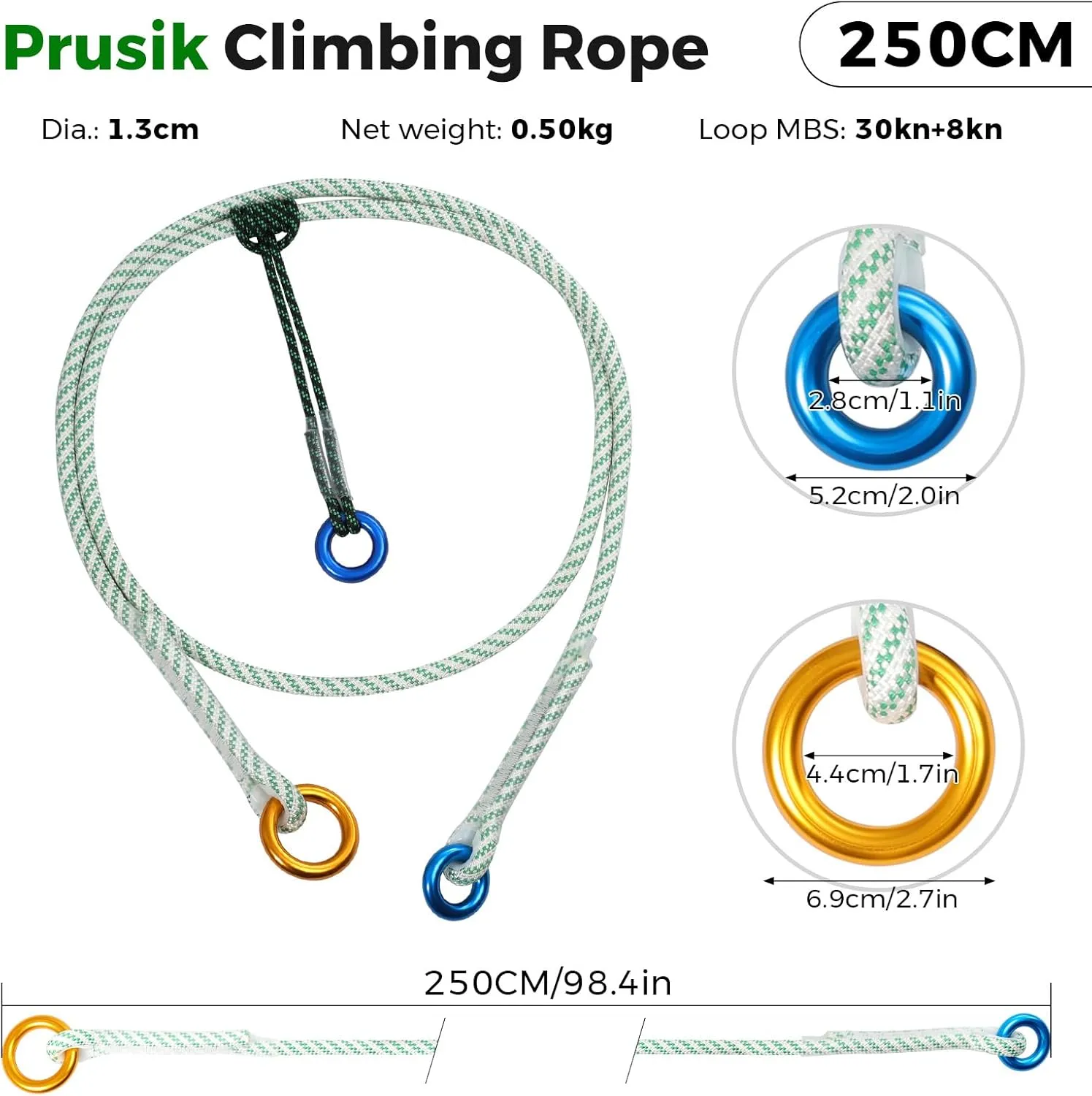 12mm Heavy Duty Prusik Climbing Rope & Cord Set - 30kN Main Rope   8kN Friction Cord, Zero-Slip Grip, 100% Polyester for Rock Climbing, Arborist & Rescue, 90cm/120cm/250cm (250CM)