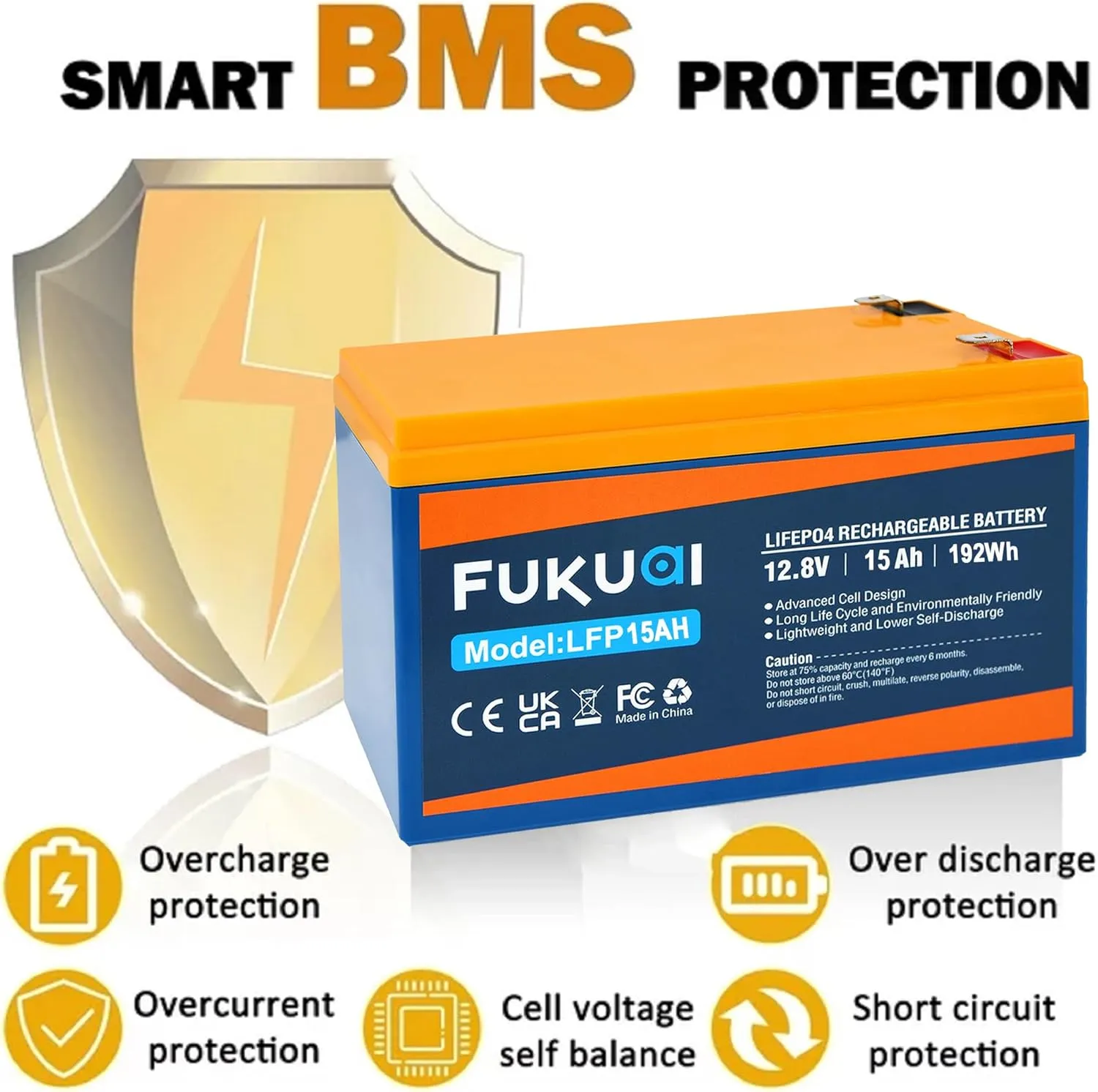 12V 15Ah Lithium LiFePO4 Battery, 2000  Cycles Maintenance-Free Battery for Solar System, Power Wheels, Scooters, Small UPS and More, Built-in 15A BMS