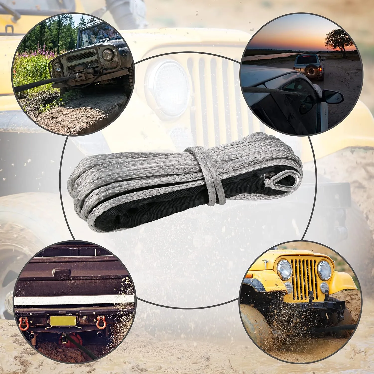 1/4 in x 50 ft Synthetic Winch Rope with Protecting Sleeve and Thimble, 10,000 lb Break Strength - Heavy Duty Winch Rope for ATV, UTV, Boat Trailer, Jeep, Quad, Polaris, Winch Cable (Grey)
