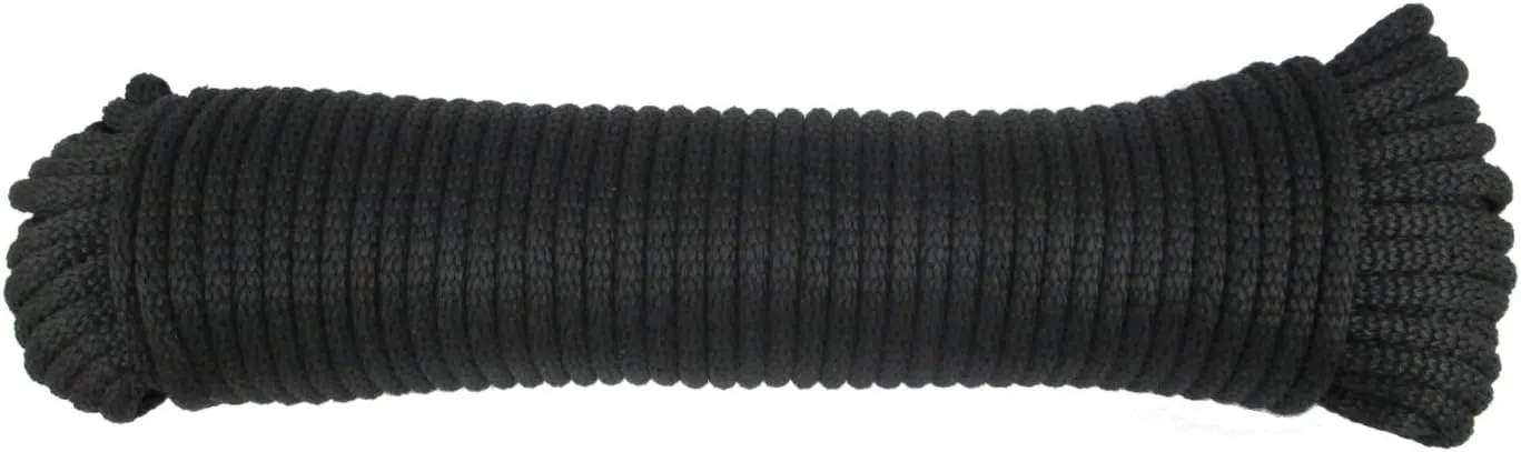 1/4 inch Black Dacron Polyester Rope - 100 Foot Hank | Solid Braid - Industrial Grade - High UV and Abrasion Resistance - Low Stretch