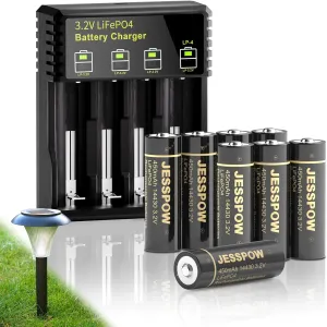 14430 3.2 Volt Rechargeable Solar Battery with Charger, Rechargeable LiFePo4 Batteries [ 450mAh 3.2V 8Pack ] for Outdoor Garden Light, Solar Panel Light, Shaver, Flashlight (NOT AA Battery)