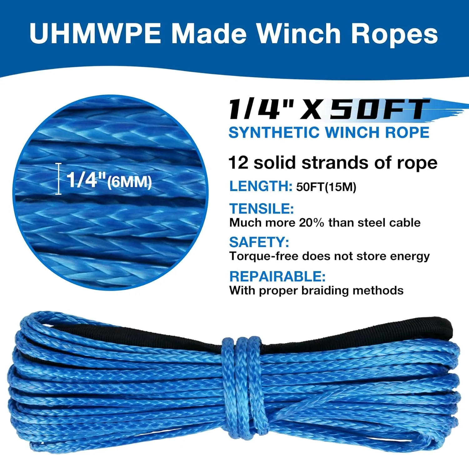 1/4" Synthetic Winch Rope 50 Ft Heavy Duty 10000 lb ATV Winch Rope Line with Steel Hook Rubber Stopper Protecting Sleeve/Sheath and Thimble Universal Fit for ATV SUV Vehicle (Blue)
