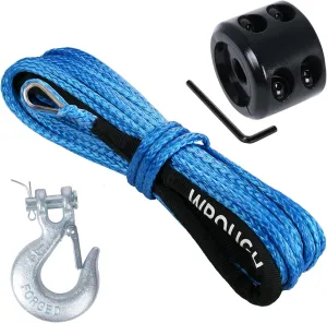 1/4" Synthetic Winch Rope 50 Ft Heavy Duty 10000 lb ATV Winch Rope Line with Steel Hook Rubber Stopper Protecting Sleeve/Sheath and Thimble Universal Fit for ATV SUV Vehicle (Blue)
