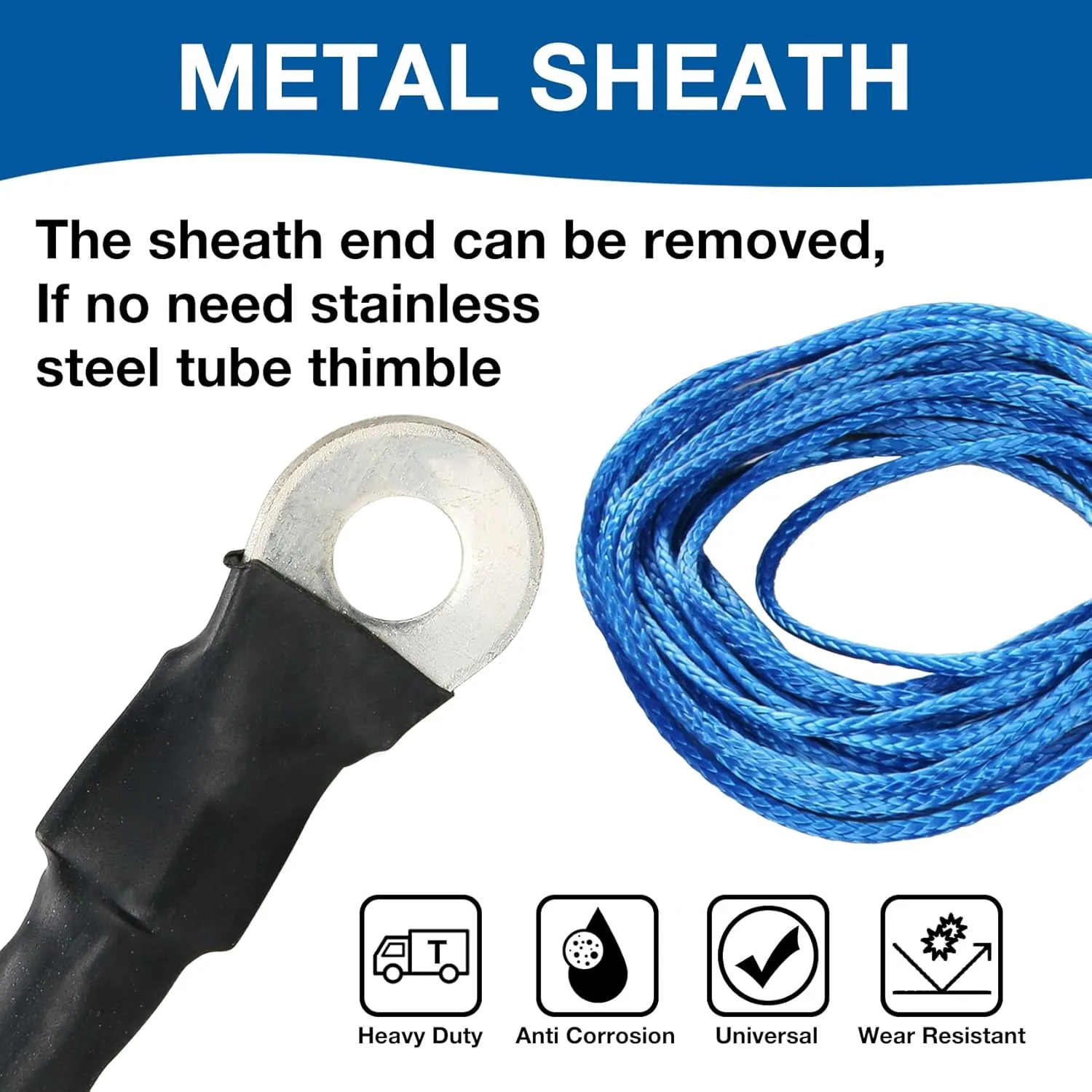 1/4" Synthetic Winch Rope 50 Ft Heavy Duty 10000 lb ATV Winch Rope Line with Steel Hook Rubber Stopper Protecting Sleeve/Sheath and Thimble Universal Fit for ATV SUV Vehicle (Blue)