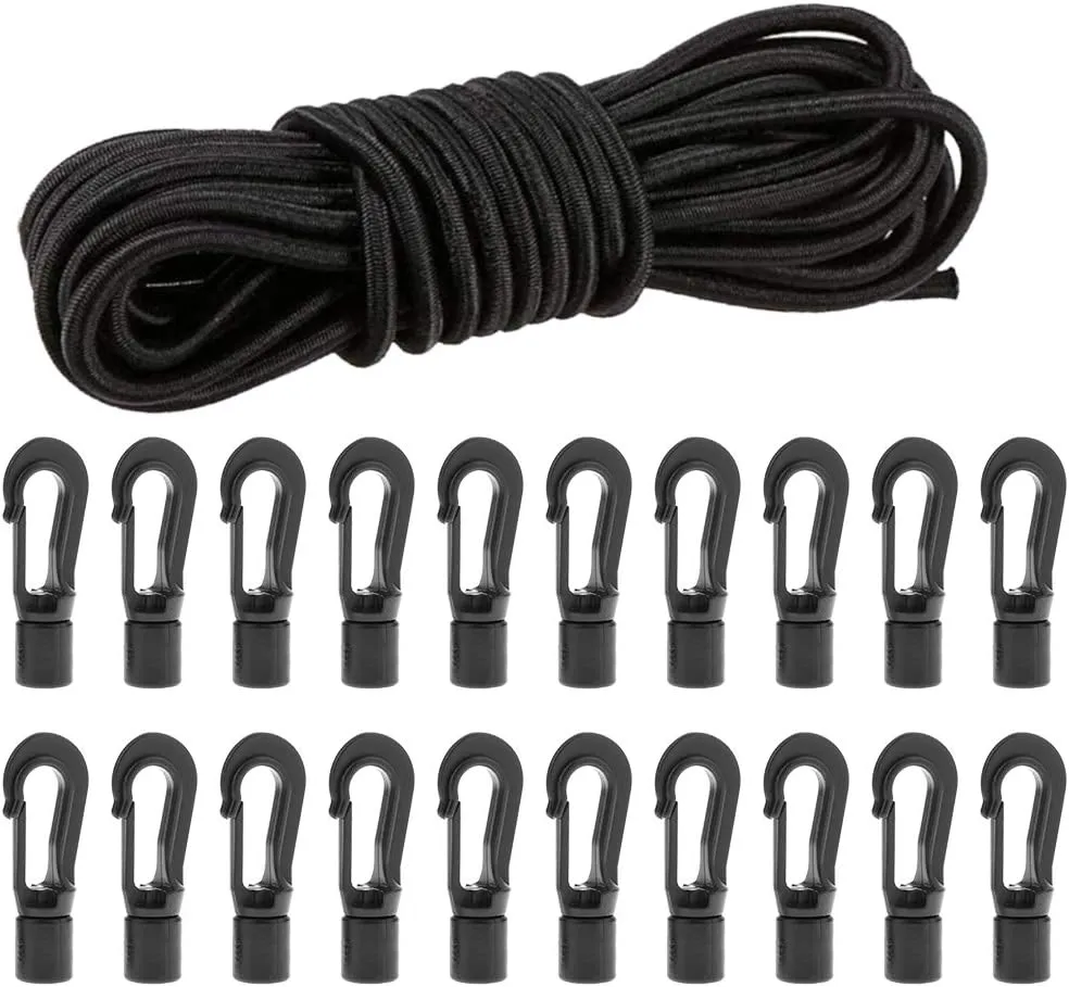 1/4" X 50' Elastic Bungee Shock Cord Kayak Stretch String Rope with Bungee Shock Cord Hook Suitable for Boat Camping Accessories, Exercise, Fitness and Outdoor Enthusiasts (50 Feet Rope   20 Hooks)