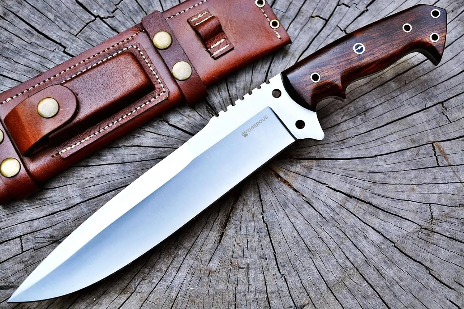 15-Inch Tactical Survival Bowie Knife, Full Tang Fixed Blade Knife, Hunting Knife with Scout Horizontal Carry Leather Sheath for Camping, Outdoor, Hunting, Bushcraft Knives for Men (ARMAGEDDON)