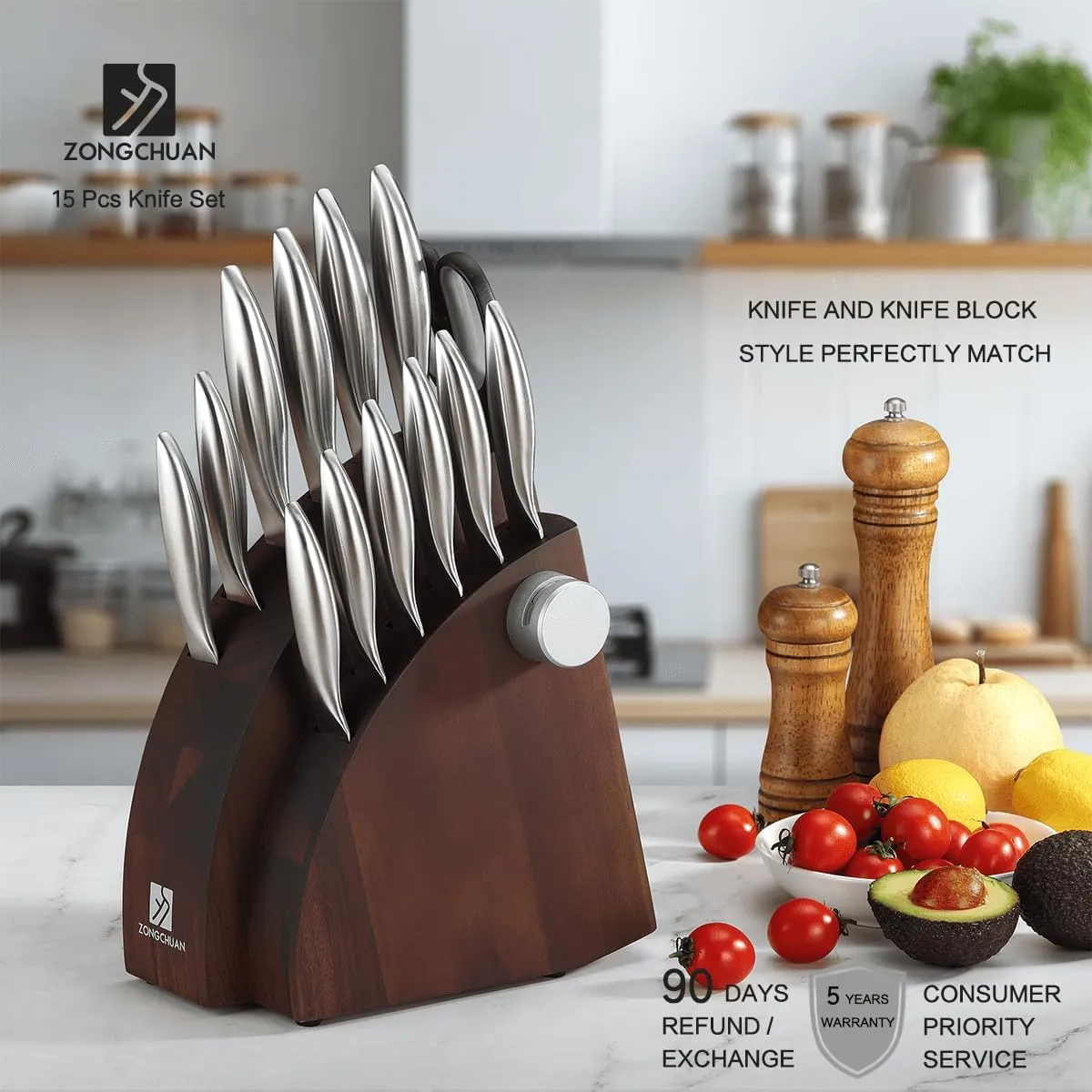 15-Piece Knife Sets,Ultra-Smooth Cutting Professional Grade Sharp,One-Piece 50Cr15Mov Stainless Steel Kitchen Knife Block Set with Sharpener,Handle Ergonomic Design,Dishwasher Safe
