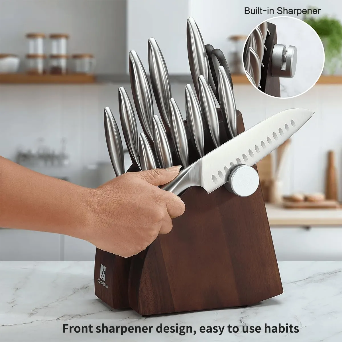 15-Piece Knife Sets,Ultra-Smooth Cutting Professional Grade Sharp,One-Piece 50Cr15Mov Stainless Steel Kitchen Knife Block Set with Sharpener,Handle Ergonomic Design,Dishwasher Safe