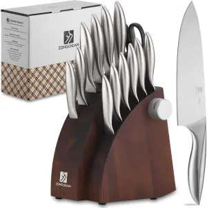 15-Piece Knife Sets,Ultra-Smooth Cutting Professional Grade Sharp,One-Piece 50Cr15Mov Stainless Steel Kitchen Knife Block Set with Sharpener,Handle Ergonomic Design,Dishwasher Safe