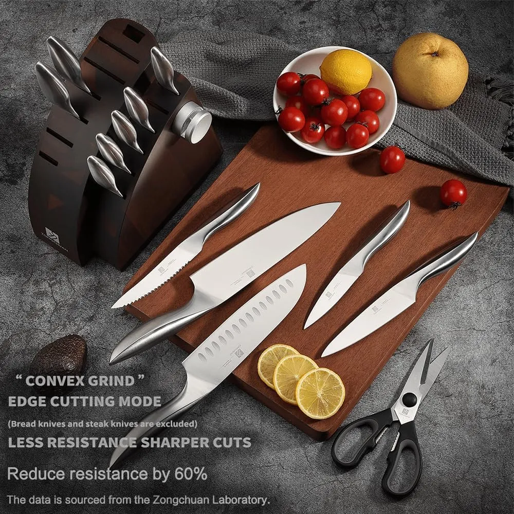 15-Piece Knife Sets,Ultra-Smooth Cutting Professional Grade Sharp,One-Piece 50Cr15Mov Stainless Steel Kitchen Knife Block Set with Sharpener,Handle Ergonomic Design,Dishwasher Safe