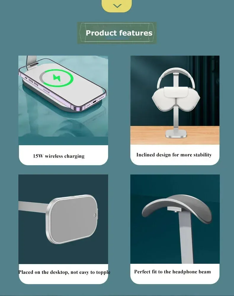 15W Wireless Charger 3-in-1 Stand for AirPods Max/Pro & PS5 Headset