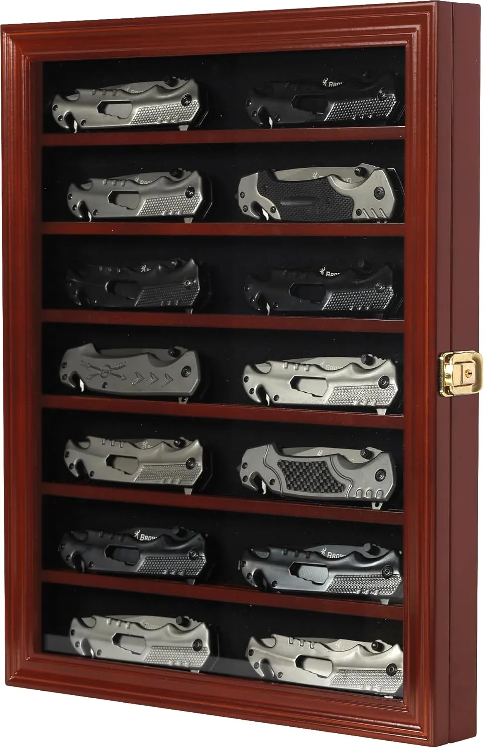 17.5" X 14" Knife Display Case Pocket Knife Display Case for Wall Stand Military Folding Knife Shadow Box Knife Enthusiast Collectibles with 98% UV Protection Lockable Mahogany Finish