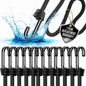 18 Inch Bungee Cords with Hooks - Heavy Duty Outdoor Black Bungee Cords with Hooks - 12 Pack Small Bungie Cord Set - Strong Bungy Cords