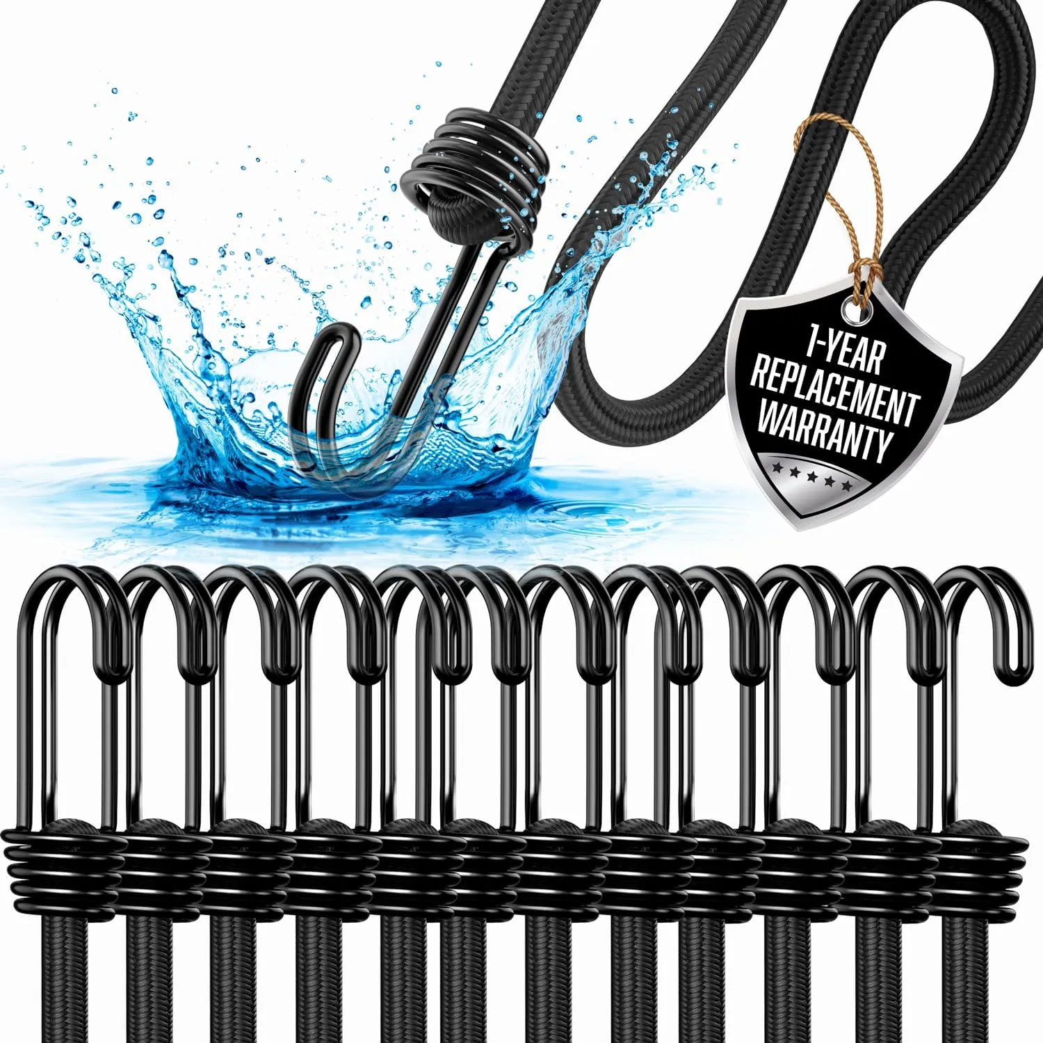 18 Inch Bungee Cords with Hooks - Heavy Duty Outdoor Black Bungee Cords with Hooks - 12 Pack Small Bungie Cord Set - Strong Bungy Cords