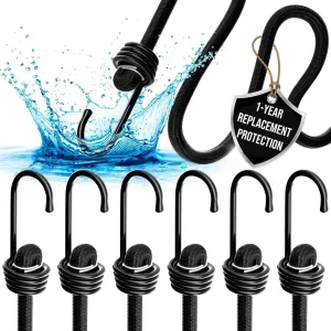 18 Inch Bungee Cords with Hooks - Heavy Duty Outdoor Black Bungee Cords with Hooks - 6 Pack Small Bungie Cord Set - Strong Bungy Cords
