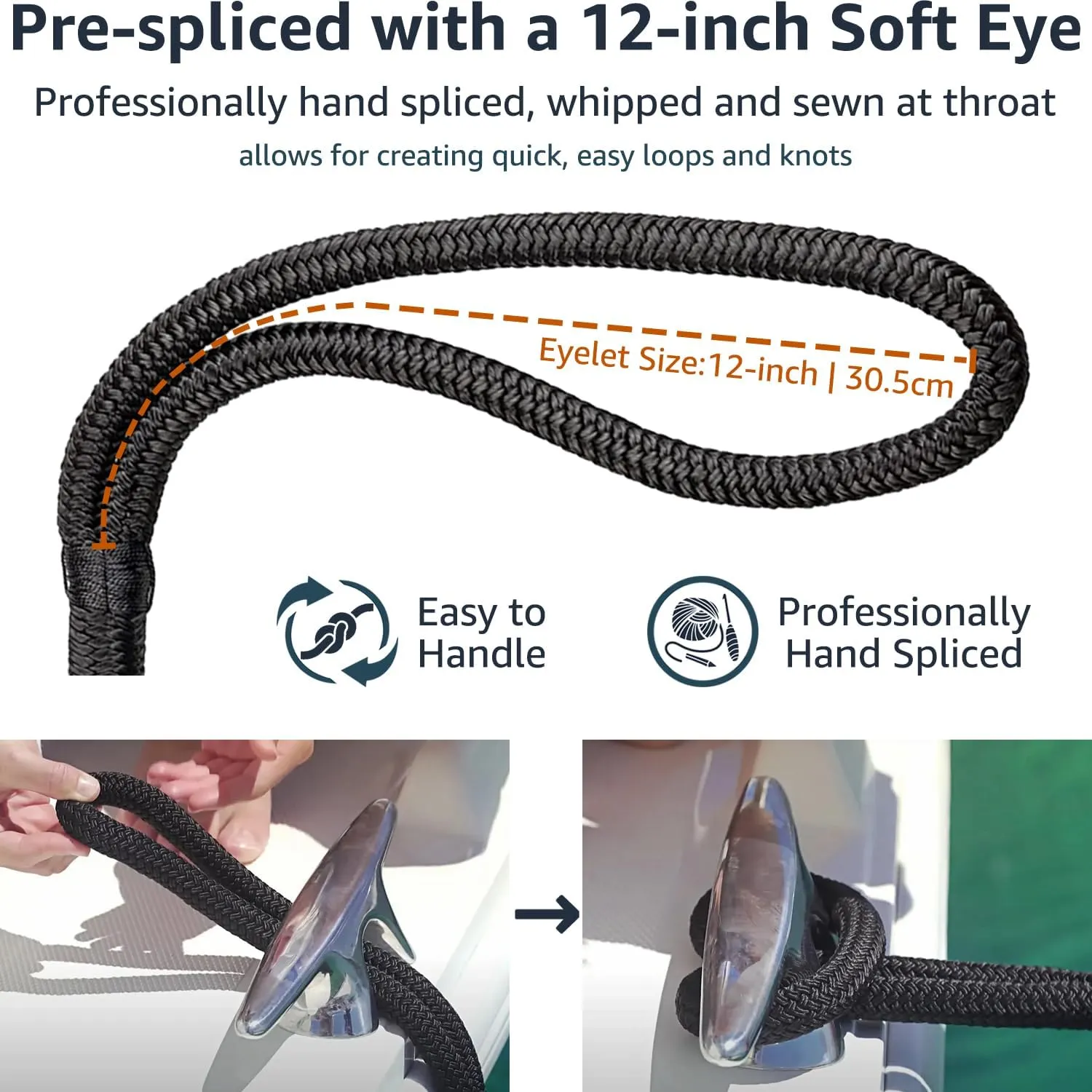 2 Pack 3/8" x 15' Dock Lines - Marine Grade Nylon Boat Rope with 12" Loop for Docking and Mooring - Double Braided Boat Lines, High Strength, Easy Handling, Fray Resistant - Black