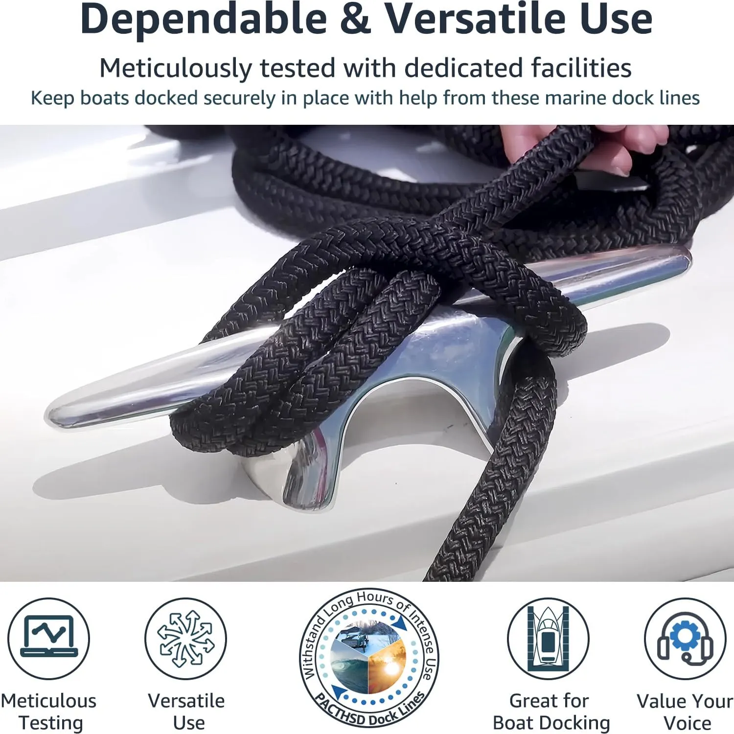 2 Pack 3/8" x 15' Dock Lines - Marine Grade Nylon Boat Rope with 12" Loop for Docking and Mooring - Double Braided Boat Lines, High Strength, Easy Handling, Fray Resistant - Black
