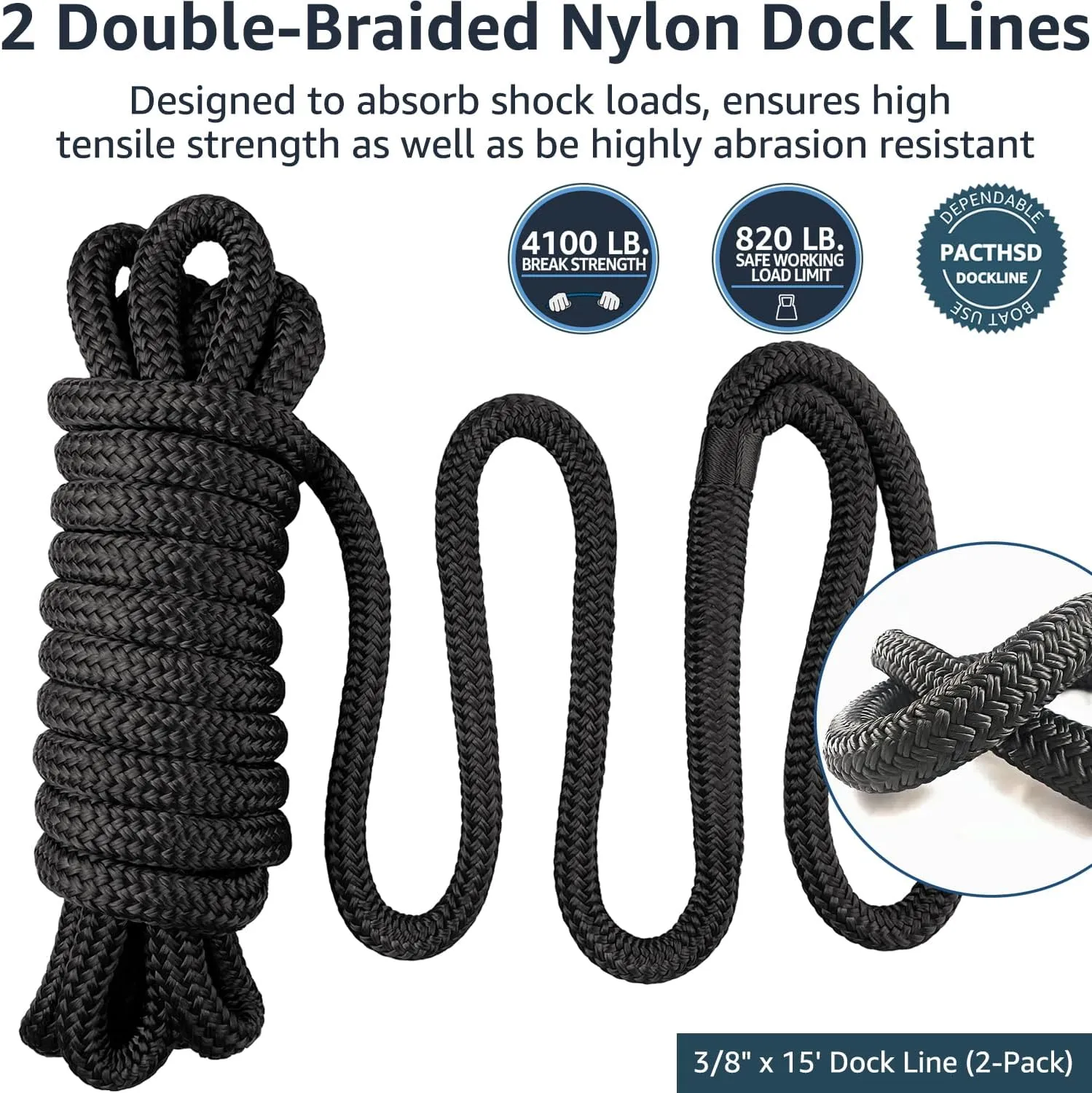 2 Pack 3/8" x 15' Dock Lines - Marine Grade Nylon Boat Rope with 12" Loop for Docking and Mooring - Double Braided Boat Lines, High Strength, Easy Handling, Fray Resistant - Black