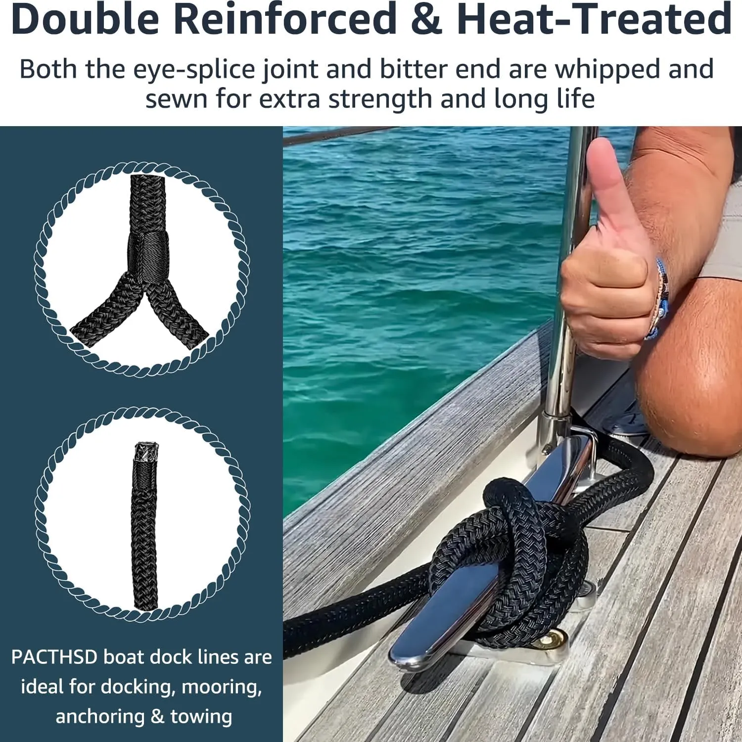 2 Pack 3/8" x 15' Dock Lines - Marine Grade Nylon Boat Rope with 12" Loop for Docking and Mooring - Double Braided Boat Lines, High Strength, Easy Handling, Fray Resistant - Black