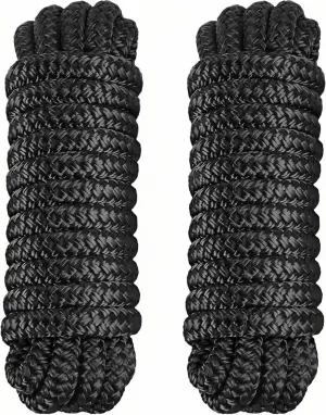 2 Pack 3/8" x 15' Dock Lines - Marine Grade Nylon Boat Rope with 12" Loop for Docking and Mooring - Double Braided Boat Lines, High Strength, Easy Handling, Fray Resistant - Black