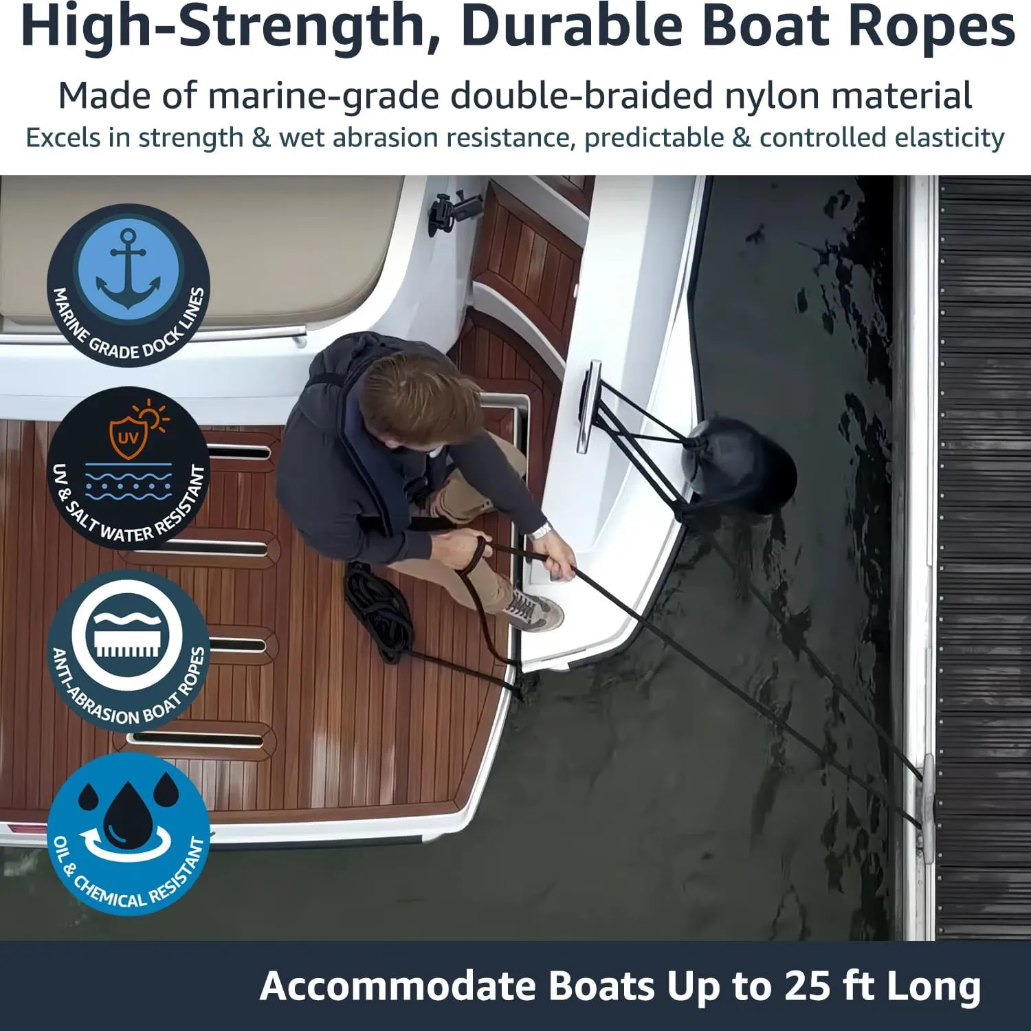 2 Pack 3/8" x 15' Dock Lines - Marine Grade Nylon Boat Rope with 12" Loop for Docking and Mooring - Double Braided Boat Lines, High Strength, Easy Handling, Fray Resistant - Black