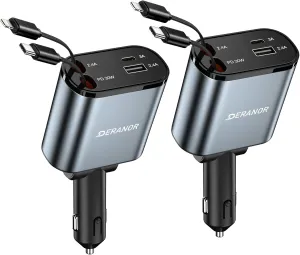 [2 Pack] Retractable Car Charger 4 in 1 Fast Car Phone Charger 69W, Type C Car Charger Adapter with 2X Retractable Phone Charger Cables and 2X USB Ports for i Phone 16/15/14/13/12, for Samsung S24/S23