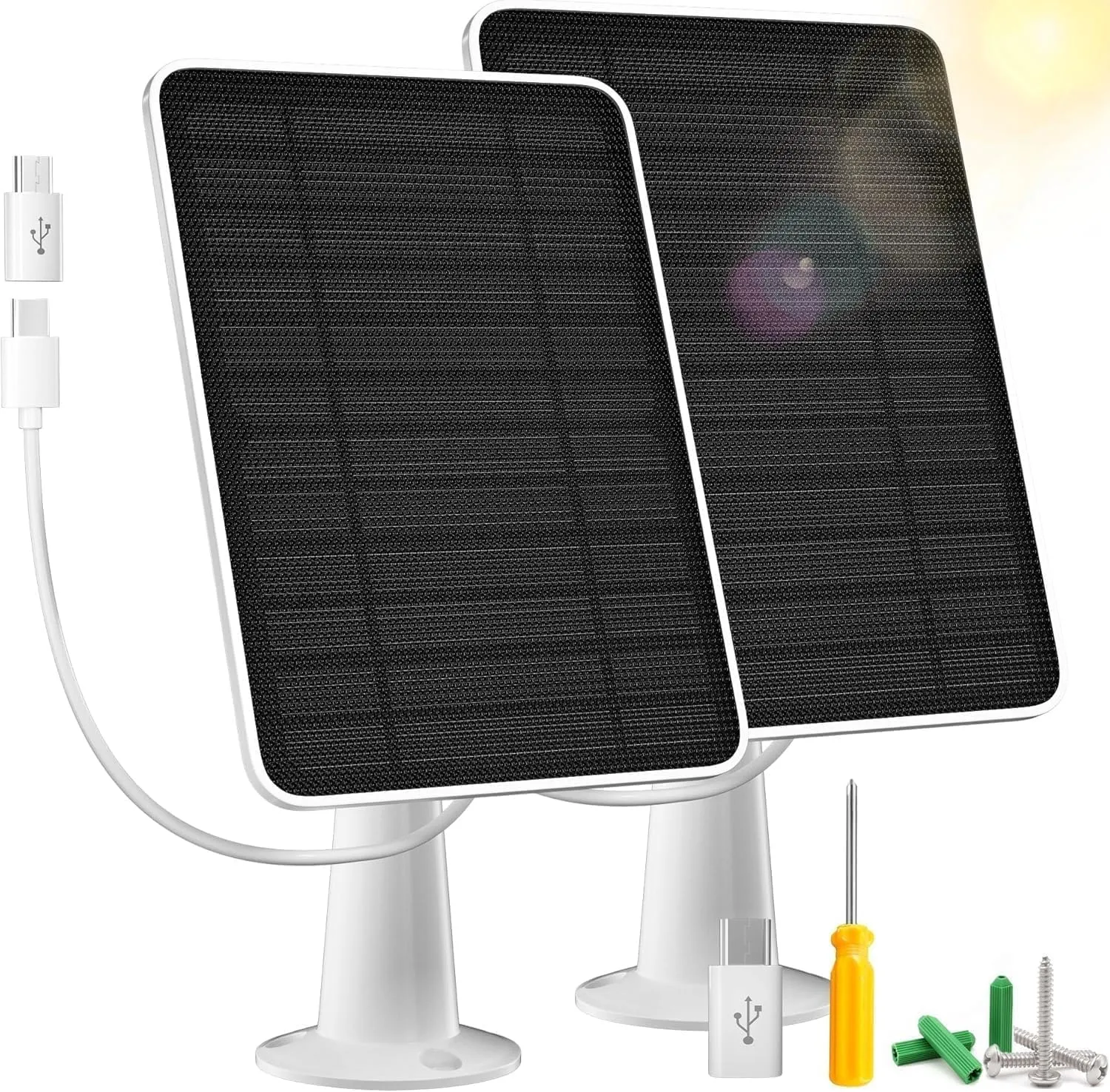 2 Pack Solar Panel Charger Compatible with Arlo Essential 2K Outdoor(2nd Gen)/Essential XL Camera(2nd Gen)/Essential Spotlight, Solar Panel with IP65 Waterproof 10ft Micro USB-C Cable & Wall Mount