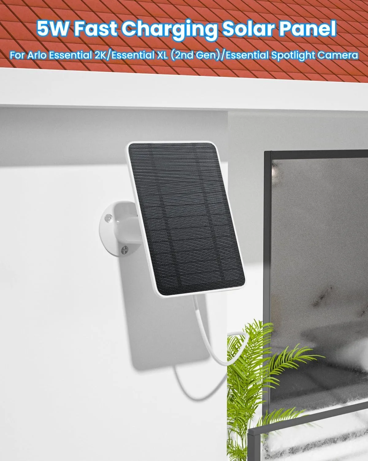 2 Pack Solar Panel Charger Compatible with Arlo Essential 2K Outdoor(2nd Gen)/Essential XL Camera(2nd Gen)/Essential Spotlight, Solar Panel with IP65 Waterproof 10ft Micro USB-C Cable & Wall Mount