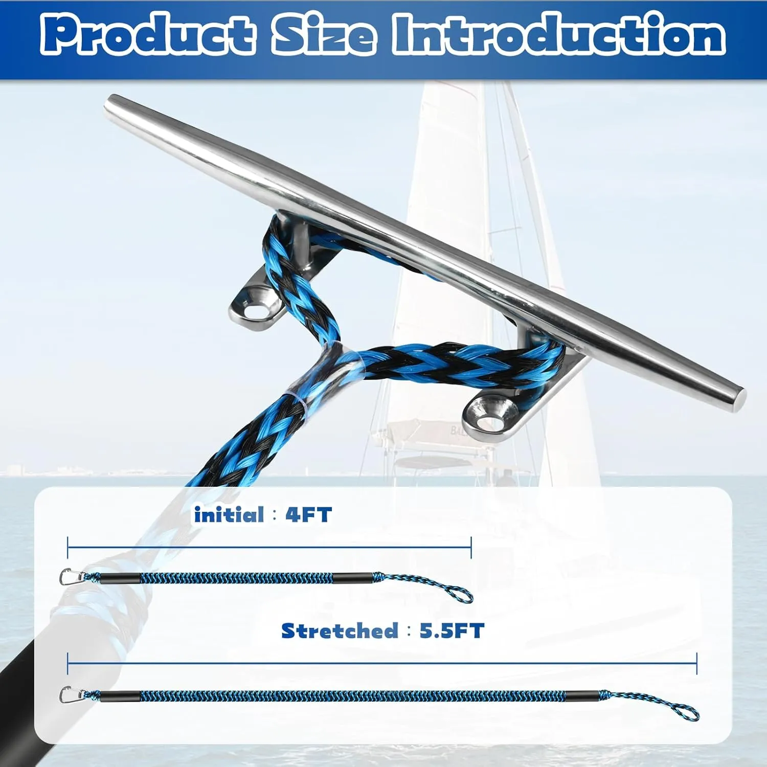 2 Pcs Boat Bungee Dock Lines, 4 Feet Mooring Rope for Docking Stretches to 6 Feet, Mooring Line Boat Accessories Docking Ropes PWC Dock Ties for Boats (Blue and Black)