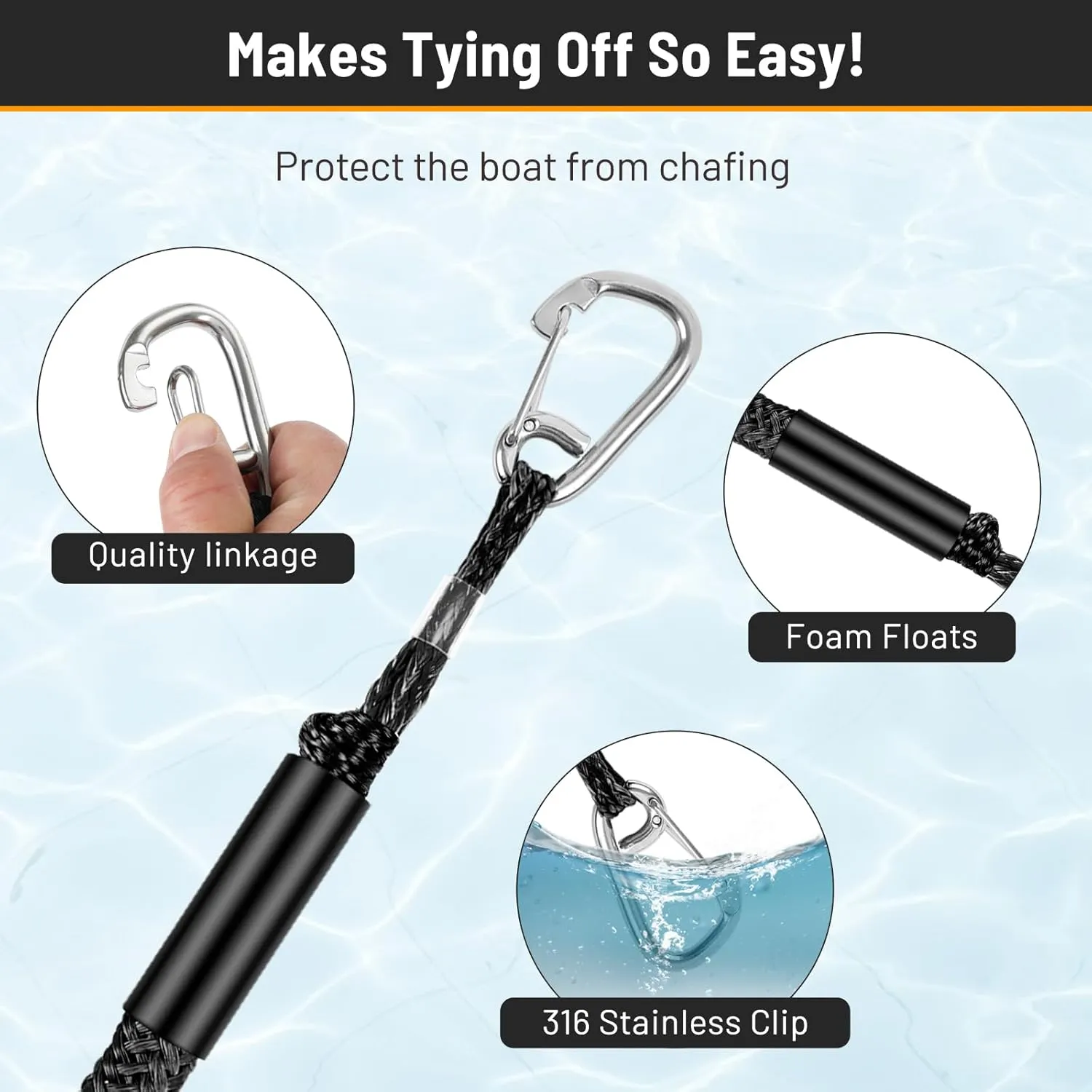 2 Pcs Boat Bungee Dock Lines, 4 Feet Mooring Rope for Docking Stretches to 6 Feet, Mooring Line Boat Accessories Docking Ropes PWC Dock Ties for Boats with 2 Hooks (Black)