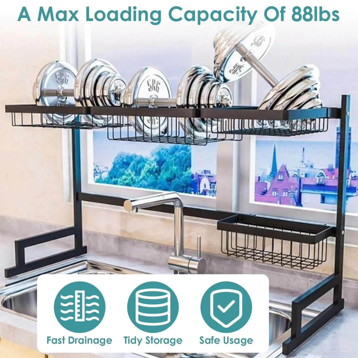 2-Tier Over the Sink Dish Drying Rack Drainer Utensil Organizer Holder Tableware Organizer Large Dish Rack for Kitchen Countertop Stainless Steel 33.7in