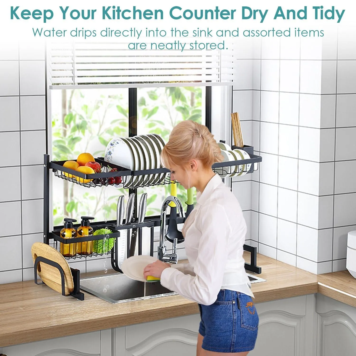 2-Tier Over the Sink Dish Drying Rack Drainer Utensil Organizer Holder Tableware Organizer Large Dish Rack for Kitchen Countertop Stainless Steel 33.7in