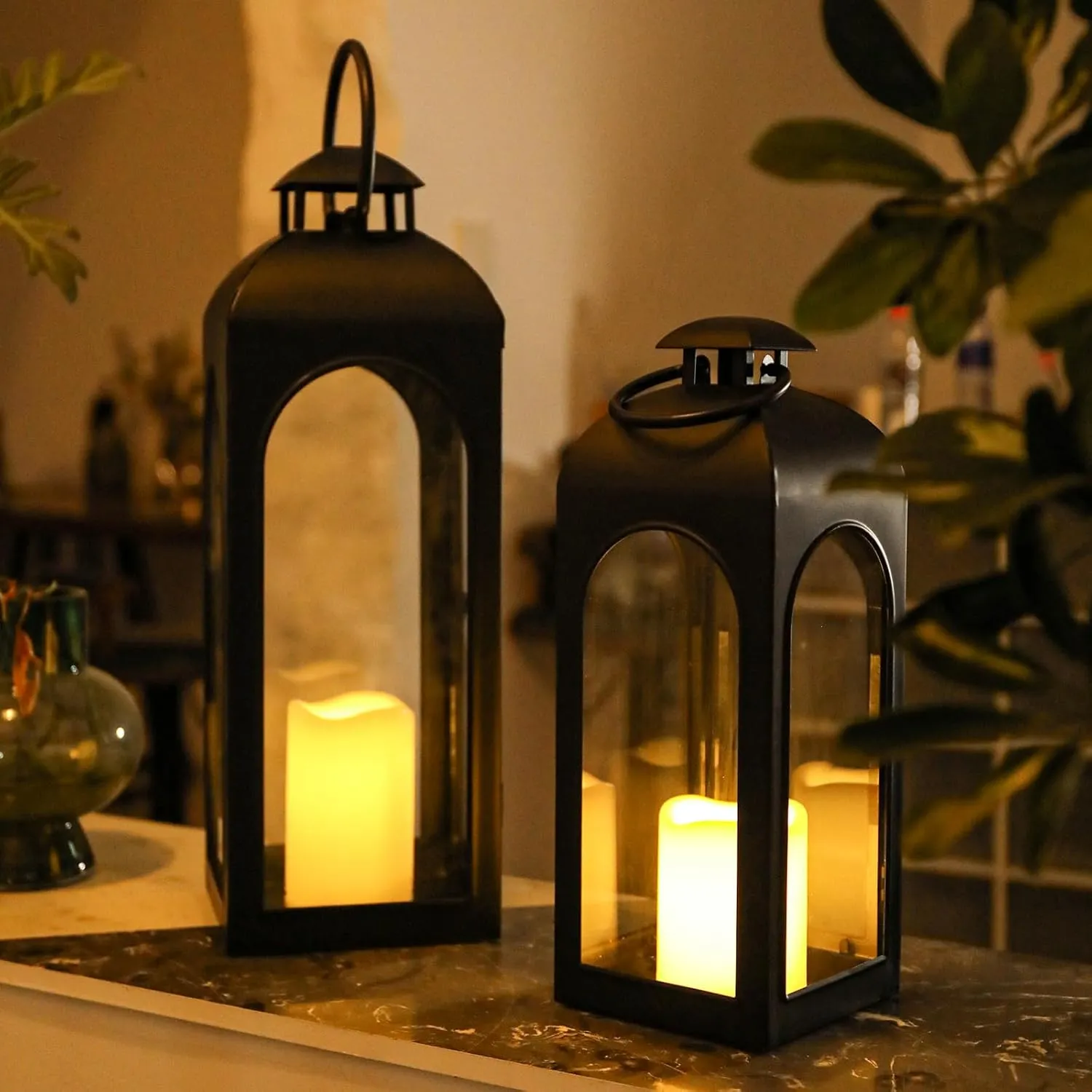 20 Inches Metal and Stainless Steel Glass Decorative Lantern with Electronic Wax Effect - Indoor/Outdoor Decorative Lighting, Handcrafted Aesthetic, Perfect for Home, Parties, and Holiday Decor