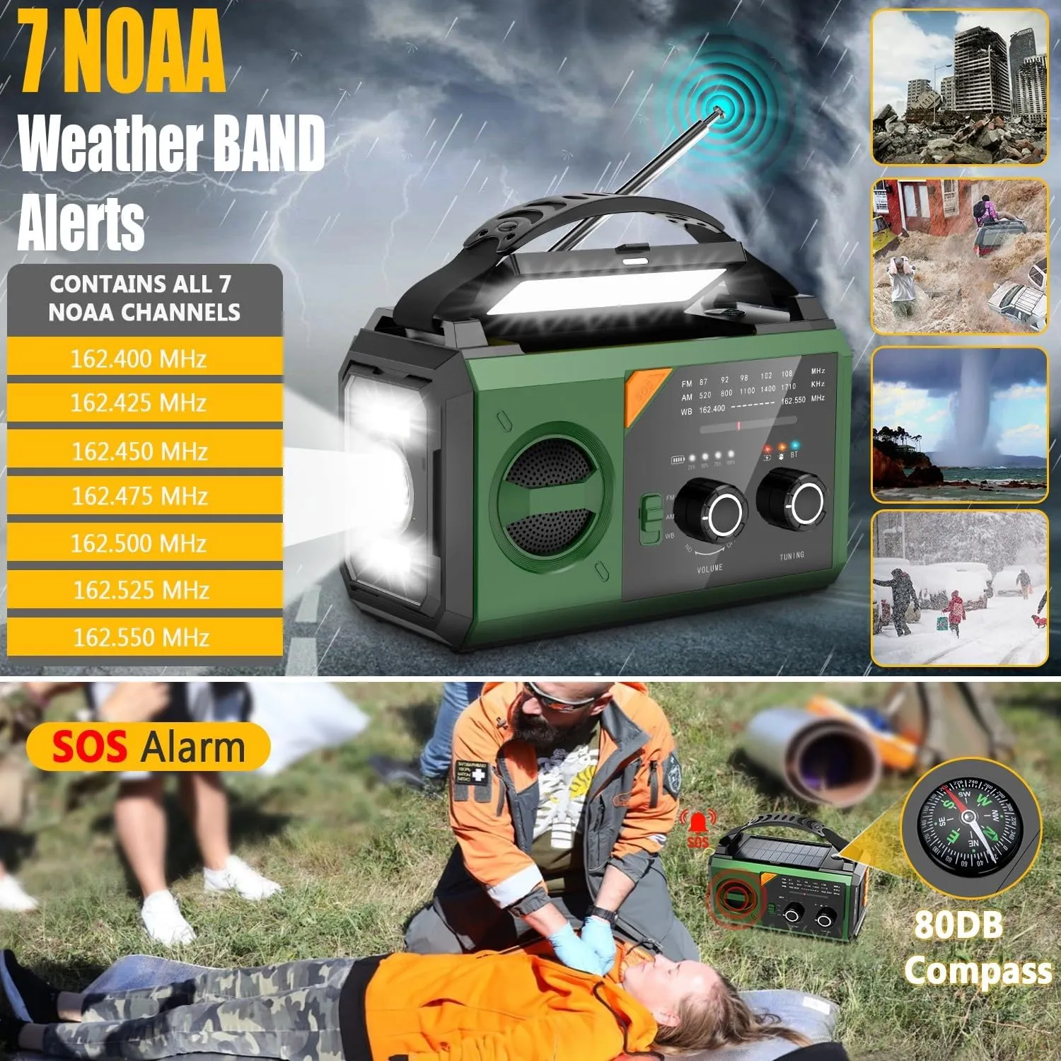 20000mAh Emergency Weather Radio with Wireless Speaker, 74000mWh NOAA/AM/FM Hand Crank Solar Radio with Flashlight Cell, Phone Charger, Compass, Reading Lamp, SOS Alarm