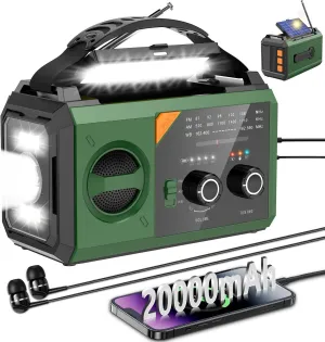20000mAh Emergency Weather Radio with Wireless Speaker, 74000mWh NOAA/AM/FM Hand Crank Solar Radio with Flashlight Cell, Phone Charger, Compass, Reading Lamp, SOS Alarm