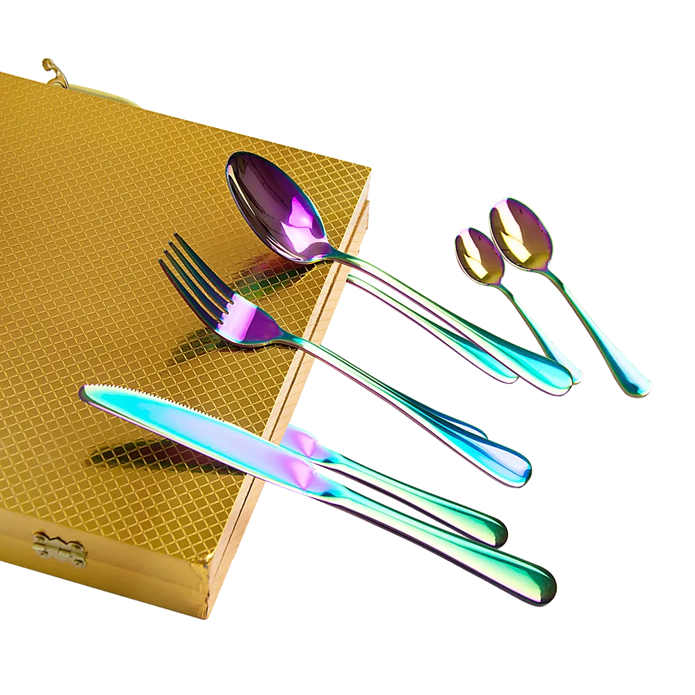 24pcs Stainless Steel Cutlery Set Rainbow Fork Knife Spoon Family Tea Cafe Dinner