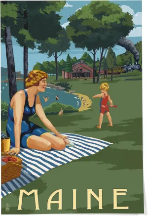 24x36 Inch Giclee Print, Maine, Lake and Picnic Scene