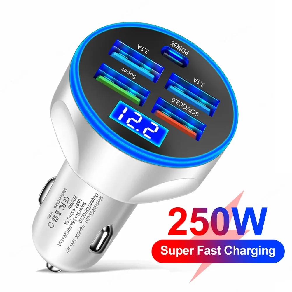 250W 5-Port USB Car Charger - Type C Fast Charging PD QC3.0 Super Charger Adapter