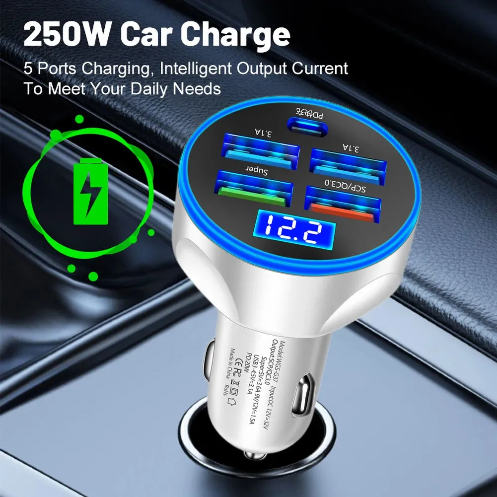 250W 5-Port USB Car Charger - Type C Fast Charging PD QC3.0 Super Charger Adapter